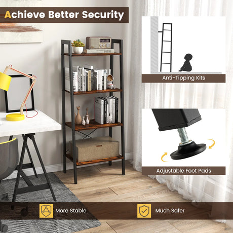 4-Tier Bookshelf with Metal Frame and Adjustable Foot Pads-Rustic Brown