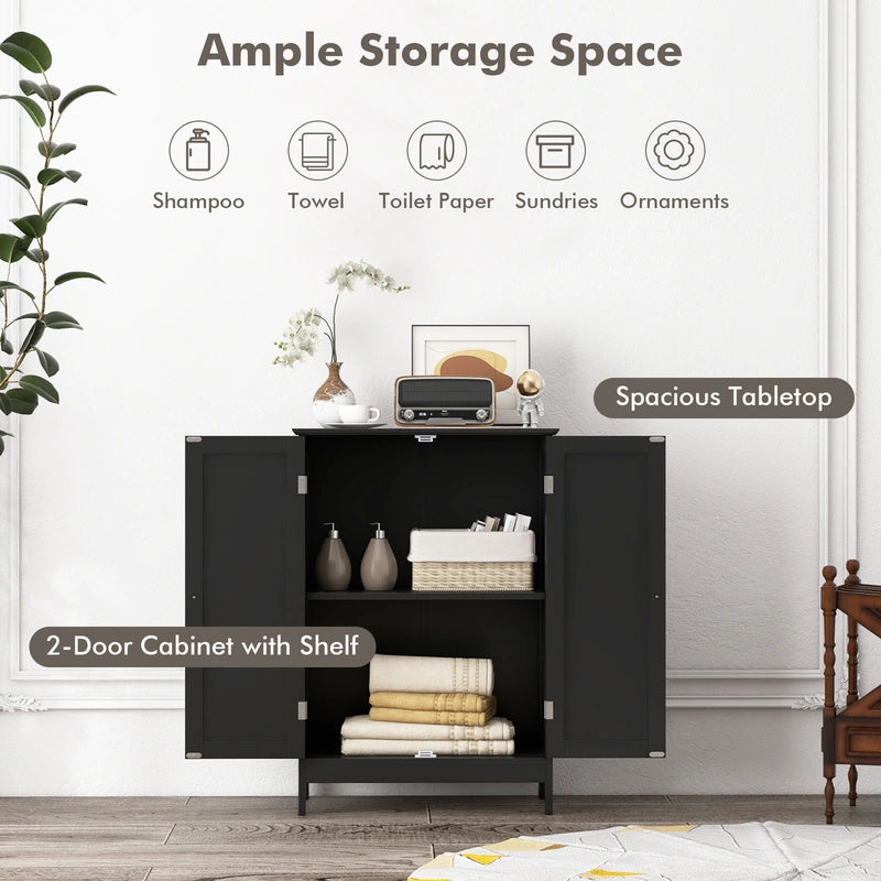 Double Door Bathroom Floor Cabinet with Shelf-Black