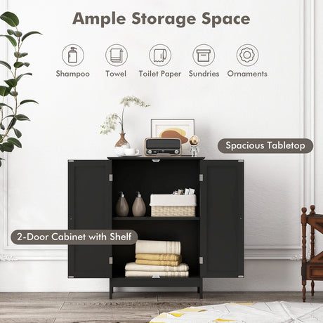 Double Door Bathroom Floor Cabinet with Shelf-Black