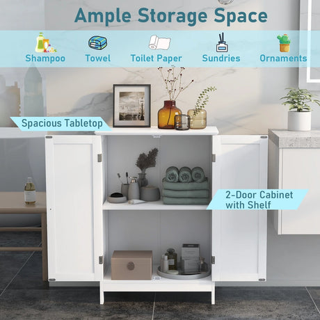 Double Door Bathroom Floor Cabinet with Shelf-White