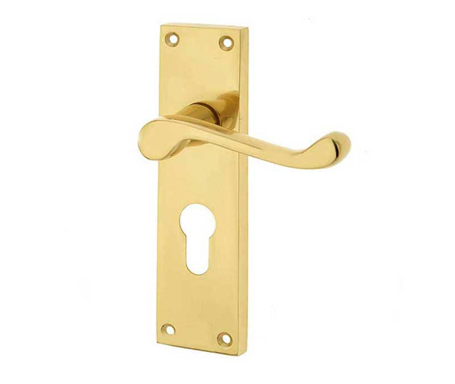 Victorian Scroll Door Handle on Euro Profile Lockplate Polished Brass