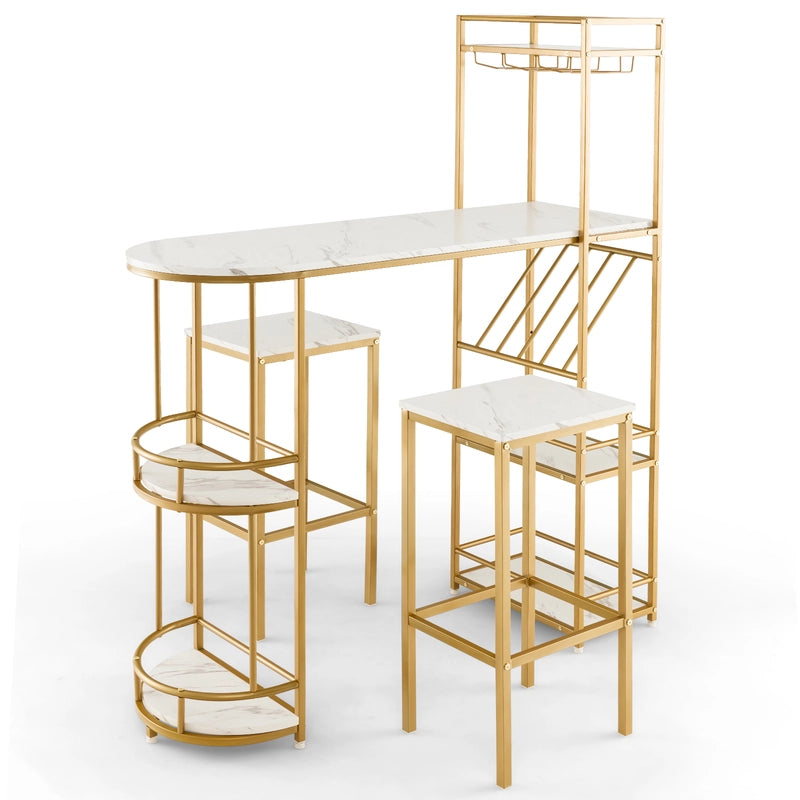 3 Pieces Bar Table Set with Storage Shelves and Wine Rack-Golden