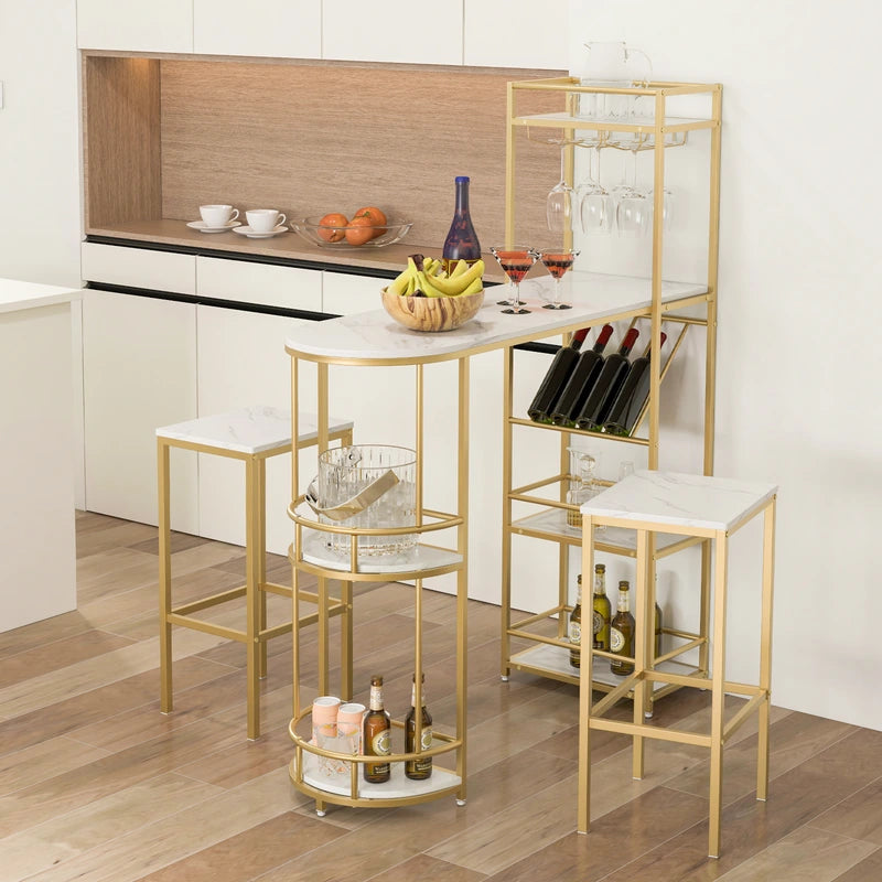 3 Pieces Bar Table Set with Storage Shelves and Wine Rack-Golden