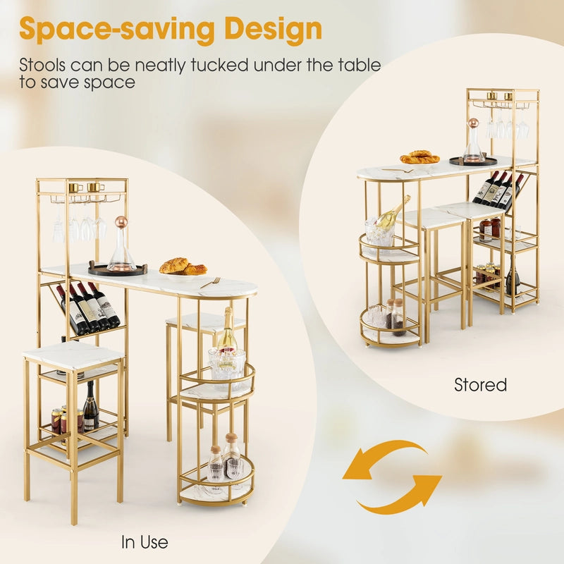 3 Pieces Bar Table Set with Storage Shelves and Wine Rack-Golden