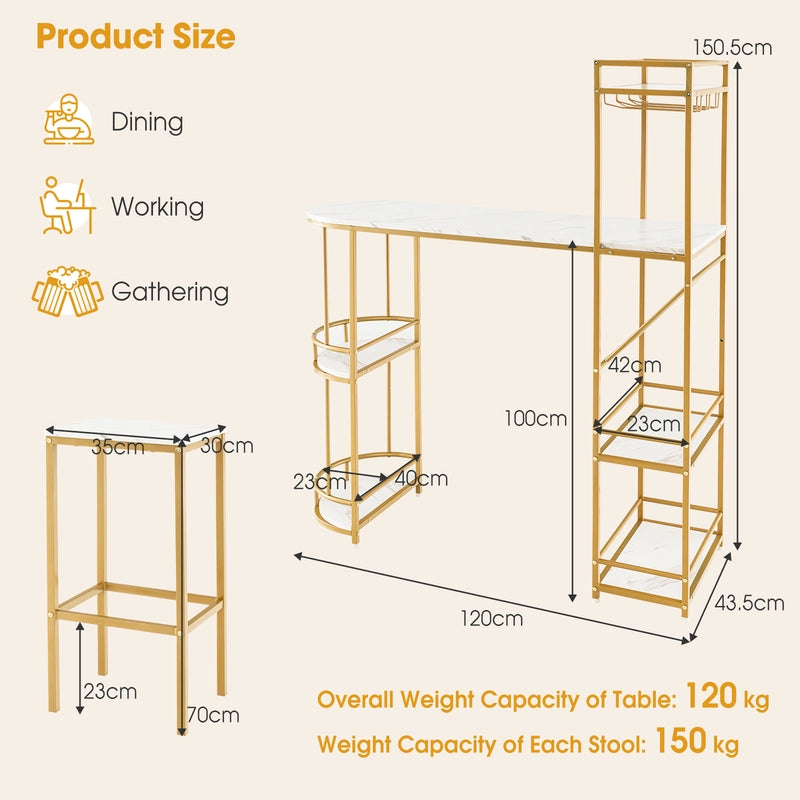 3 Pieces Bar Table Set with Storage Shelves and Wine Rack-Golden