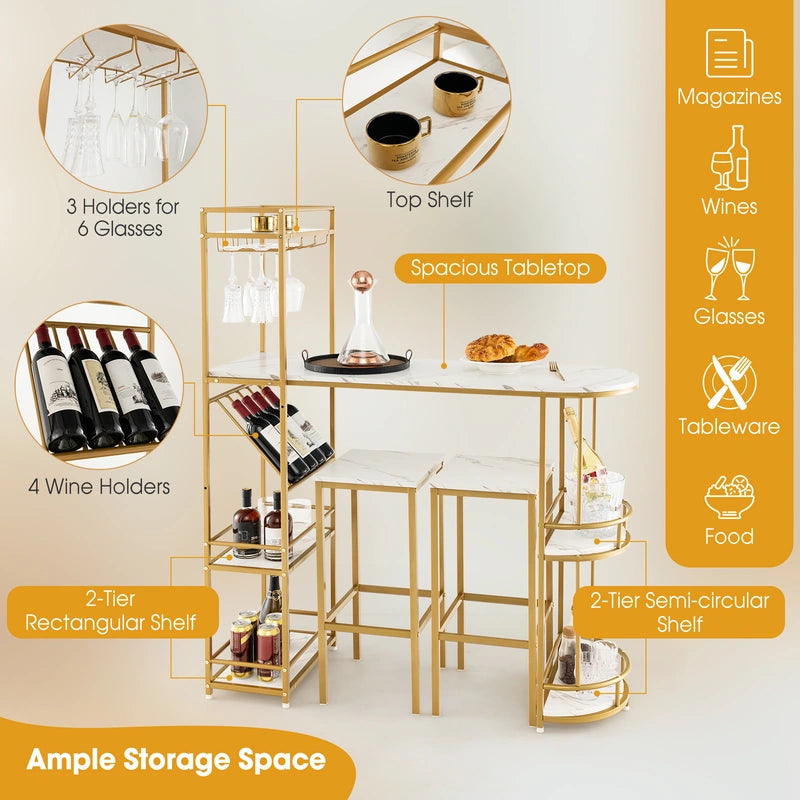 3 Pieces Bar Table Set with Storage Shelves and Wine Rack-Golden