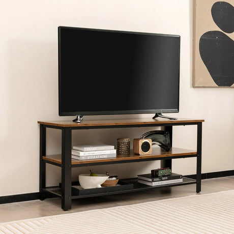 3-Tier TV Stand with Open Storage Shelves and Metal Frame-Rustic Brown