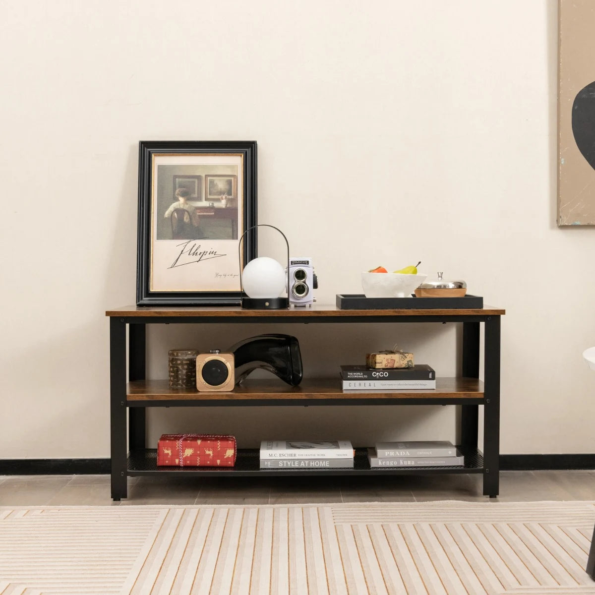 3-Tier TV Stand with Open Storage Shelves and Metal Frame-Rustic Brown