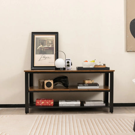 3-Tier TV Stand with Open Storage Shelves and Metal Frame-Rustic Brown