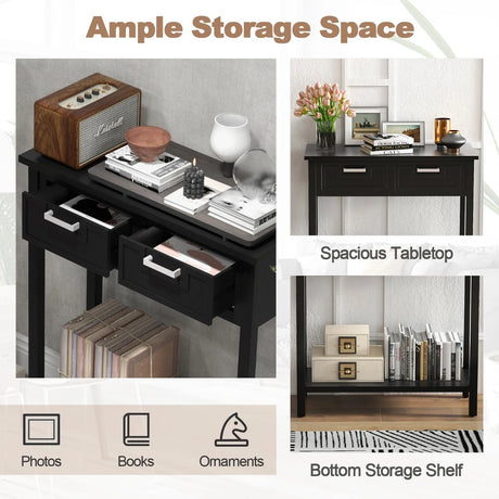 Modern Console Table 2 Drawer with Shelf-Black