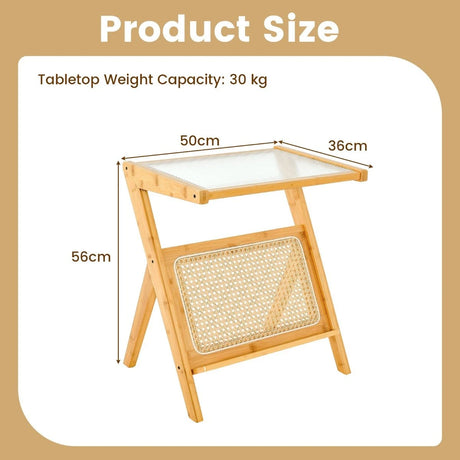 Boho End Table with Magazine Rack and Tempered Glass Top-Natural