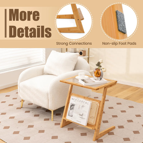 Z-shaped End Table with Magazine Rack and Rattan Shelf-Natural