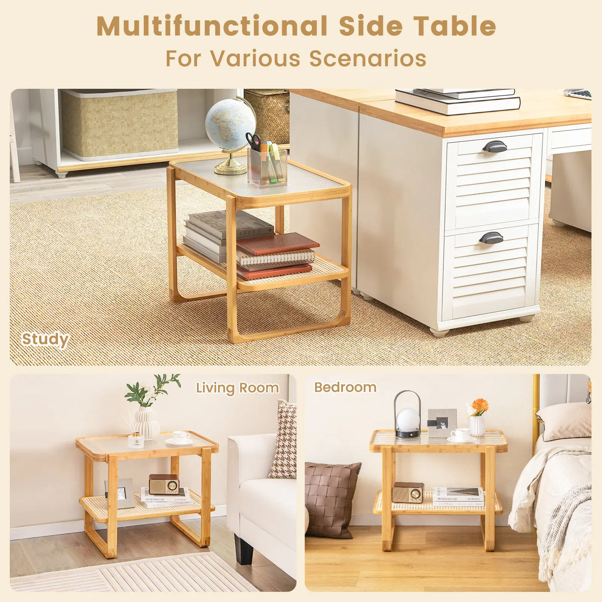 2-tier Bamboo Side Table with Glass Top-Natural