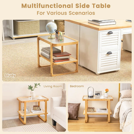 2-tier Bamboo Side Table with Glass Top-Natural