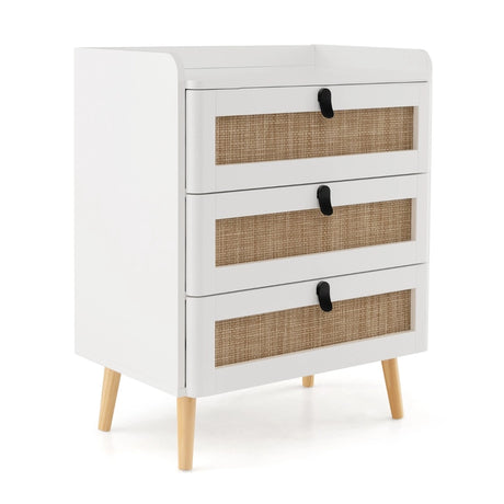 Modern End Table with 3 Rattan Decorated Drawers-White