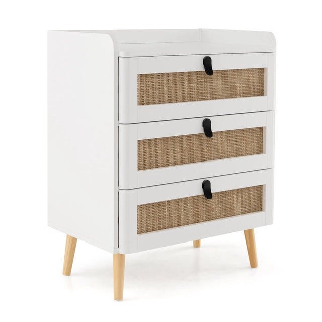 Modern End Table with 3 Rattan Decorated Drawers-White
