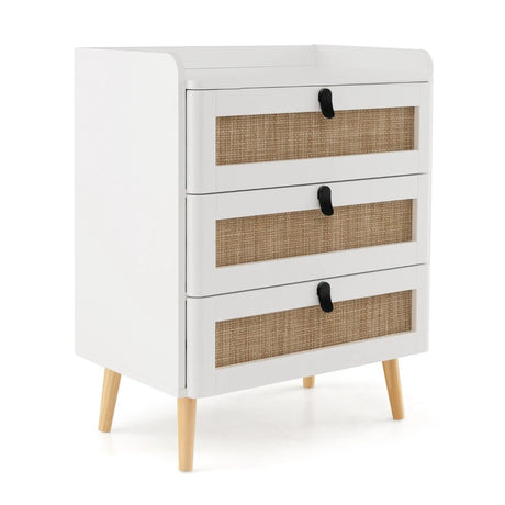 Modern End Table with 3 Rattan Decorated Drawers-White