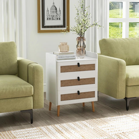 Modern End Table with 3 Rattan Decorated Drawers-White