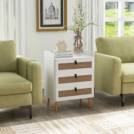 Modern End Table with 3 Rattan Decorated Drawers-White