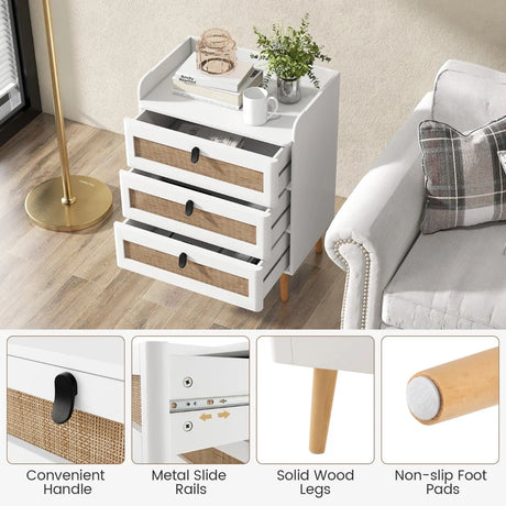 Modern End Table with 3 Rattan Decorated Drawers-White
