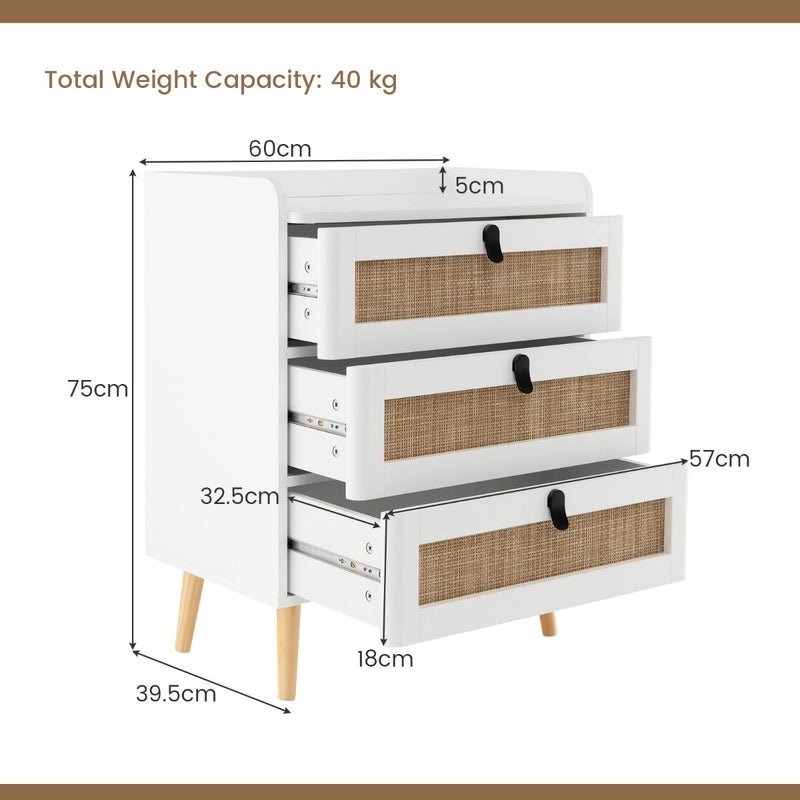 Modern End Table with 3 Rattan Decorated Drawers-White