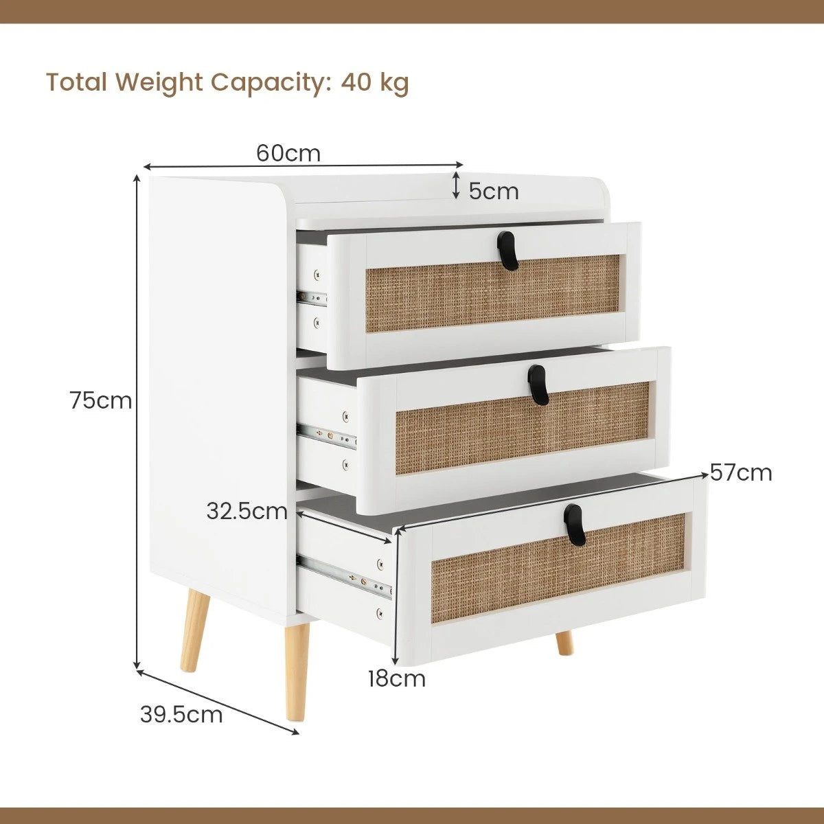 Modern End Table with 3 Rattan Decorated Drawers-White