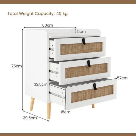 Modern End Table with 3 Rattan Decorated Drawers-White