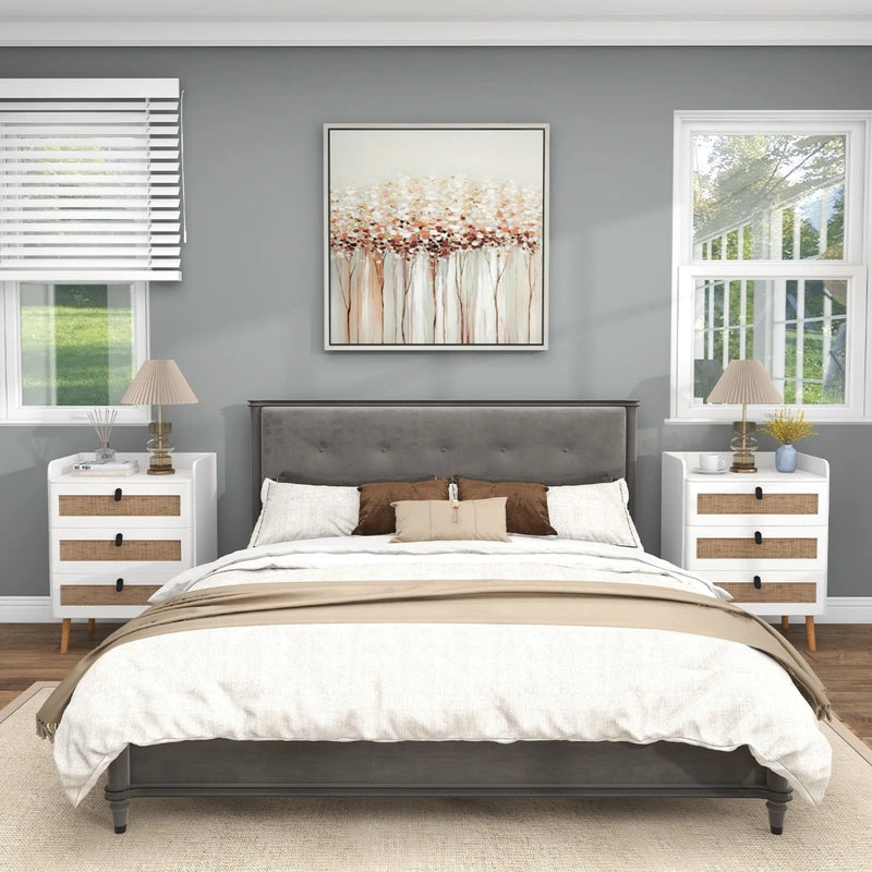 Modern End Table with 3 Rattan Decorated Drawers-White