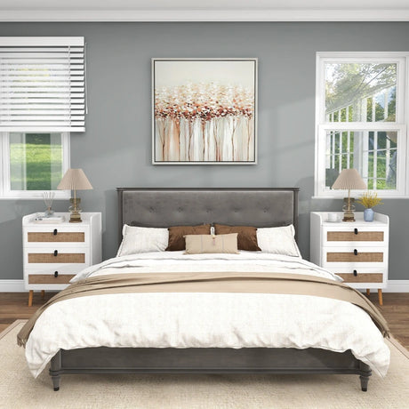 Modern End Table with 3 Rattan Decorated Drawers-White
