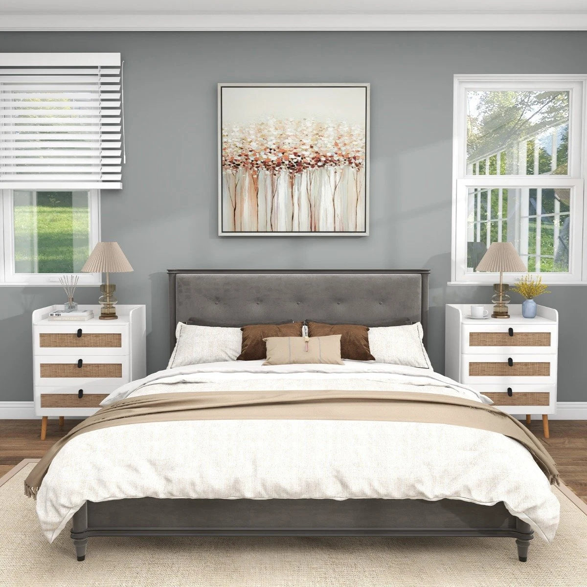 Modern End Table with 3 Rattan Decorated Drawers-White