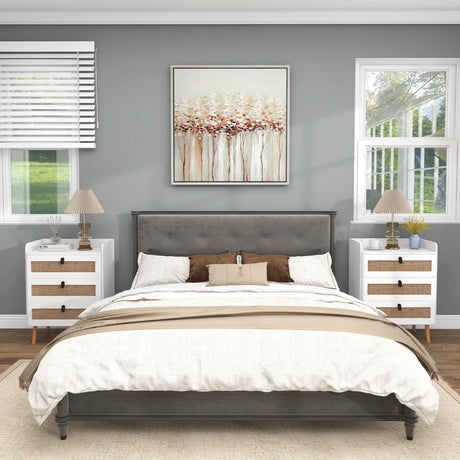 Modern End Table with 3 Rattan Decorated Drawers-White