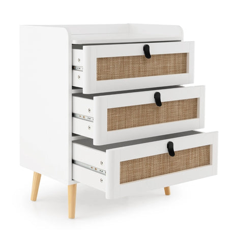 Modern End Table with 3 Rattan Decorated Drawers-White