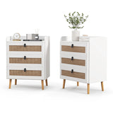 Modern End Table with 3 Rattan Decorated Drawers-White