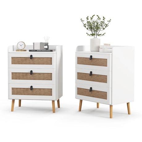 Modern End Table with 3 Rattan Decorated Drawers-White