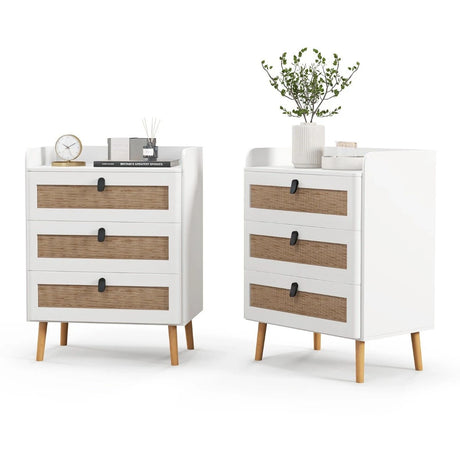 Modern End Table with 3 Rattan Decorated Drawers-White