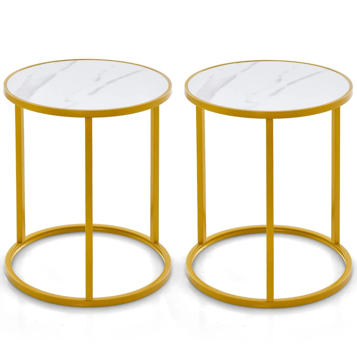 Marble Top Round Side Table 16-Inch End Table with Golden Metal Frame-2 Pieces