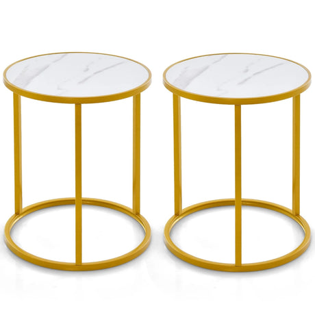 Marble Top Round Side Table 16-Inch End Table with Golden Metal Frame-2 Pieces