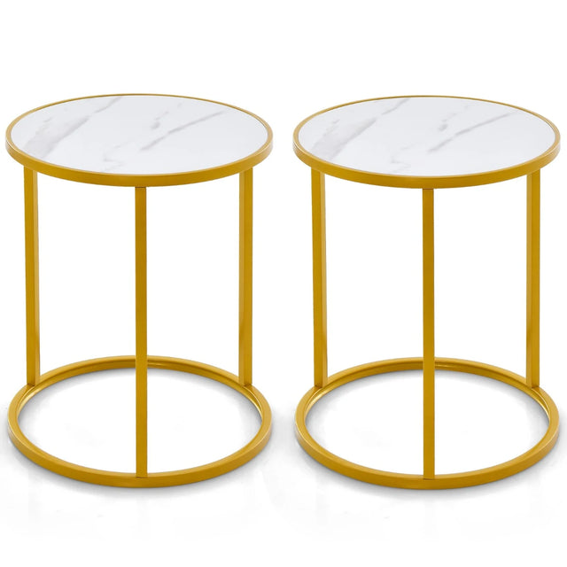 Marble Top Round Side Table 16-Inch End Table with Golden Metal Frame-2 Pieces