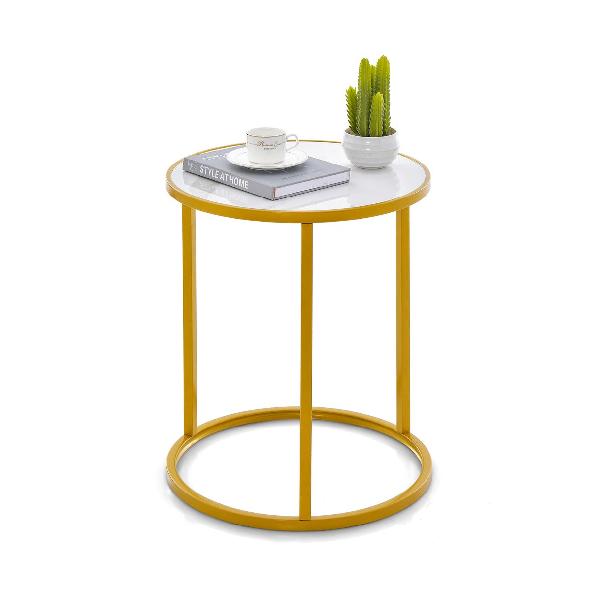 Marble Top Round Side Table 16-Inch End Table with Golden Metal Frame-1 Piece