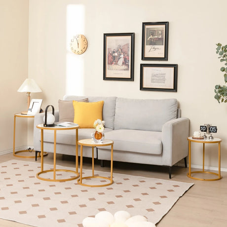 Marble Top Round Side Table 16-Inch End Table with Golden Metal Frame-2 Pieces