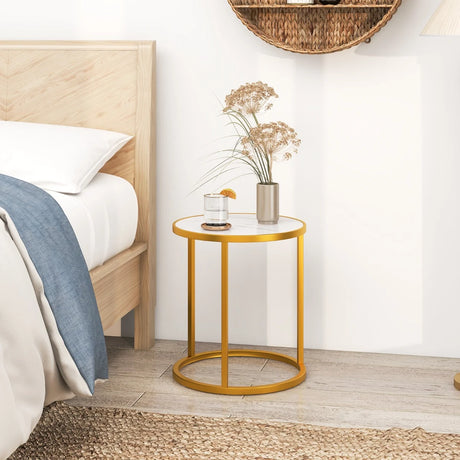 Marble Top Round Side Table 16-Inch End Table with Golden Metal Frame-1 Piece