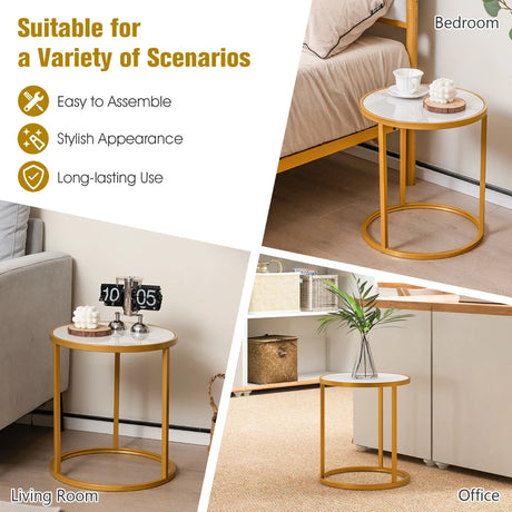 Marble Top Round Side Table 16-Inch End Table with Golden Metal Frame-1 Piece