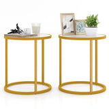 Marble Top Round Side Table 16-Inch End Table with Golden Metal Frame-2 Pieces