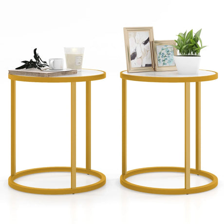 Marble Top Round Side Table 16-Inch End Table with Golden Metal Frame-2 Pieces