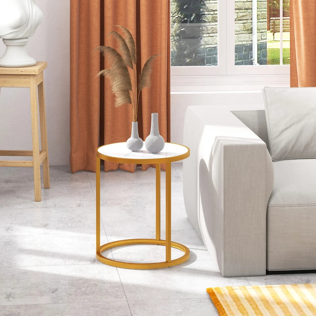 Marble Top Round Side Table 16-Inch End Table with Golden Metal Frame-1 Piece