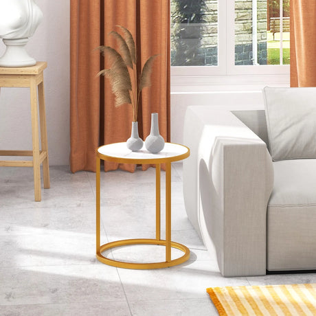Marble Top Round Side Table 16-Inch End Table with Golden Metal Frame-1 Piece