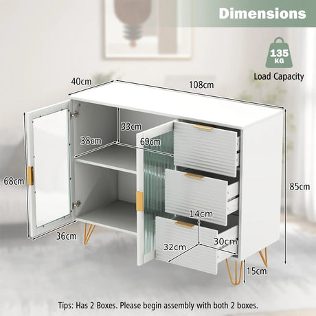 Modern Sideboard Buffet Cabinet with 2 Doors and 3 Drawers for Living Room Dining Room-White