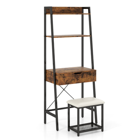 Ladder Vanity Desk Set with Flip Top Mirror and Cushioned Stool-Black