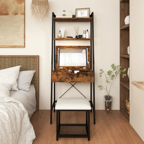 Ladder Vanity Desk Set with Flip Top Mirror and Cushioned Stool-Black