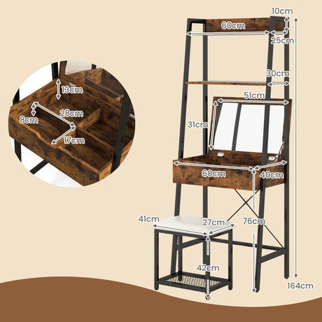 Ladder Vanity Desk Set with Flip Top Mirror and Cushioned Stool-Black